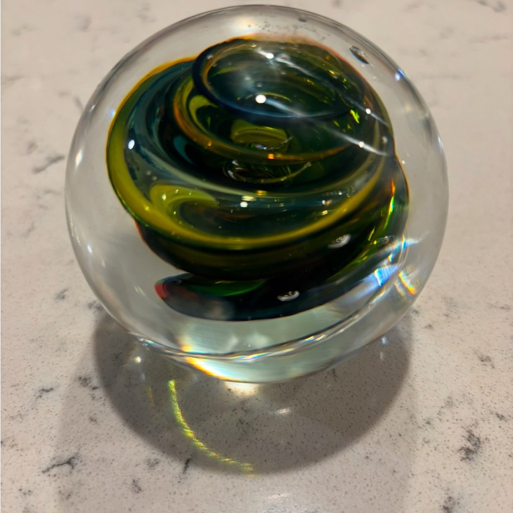 Signed Marian Pyrcak MP Poland 5" Blue & Green Swirl Art Glass Paperweight.
